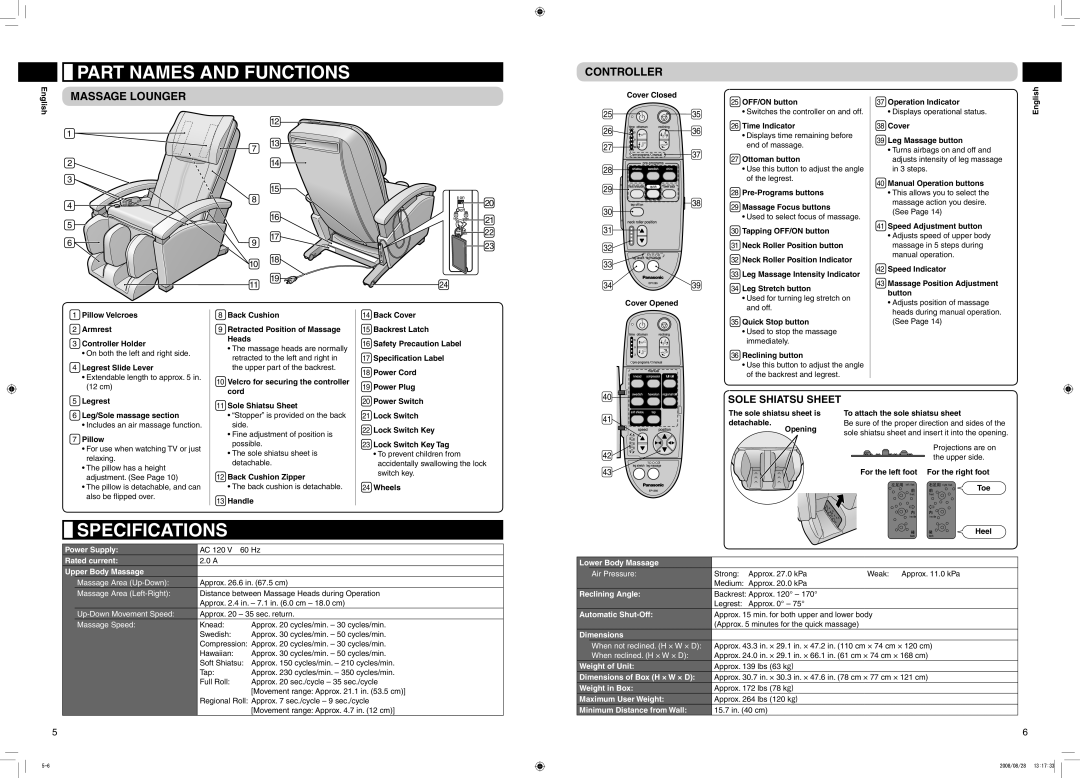 Panasonic EP1285 manual Part Names and Functions, Specifications, Controller, Massage Lounger 