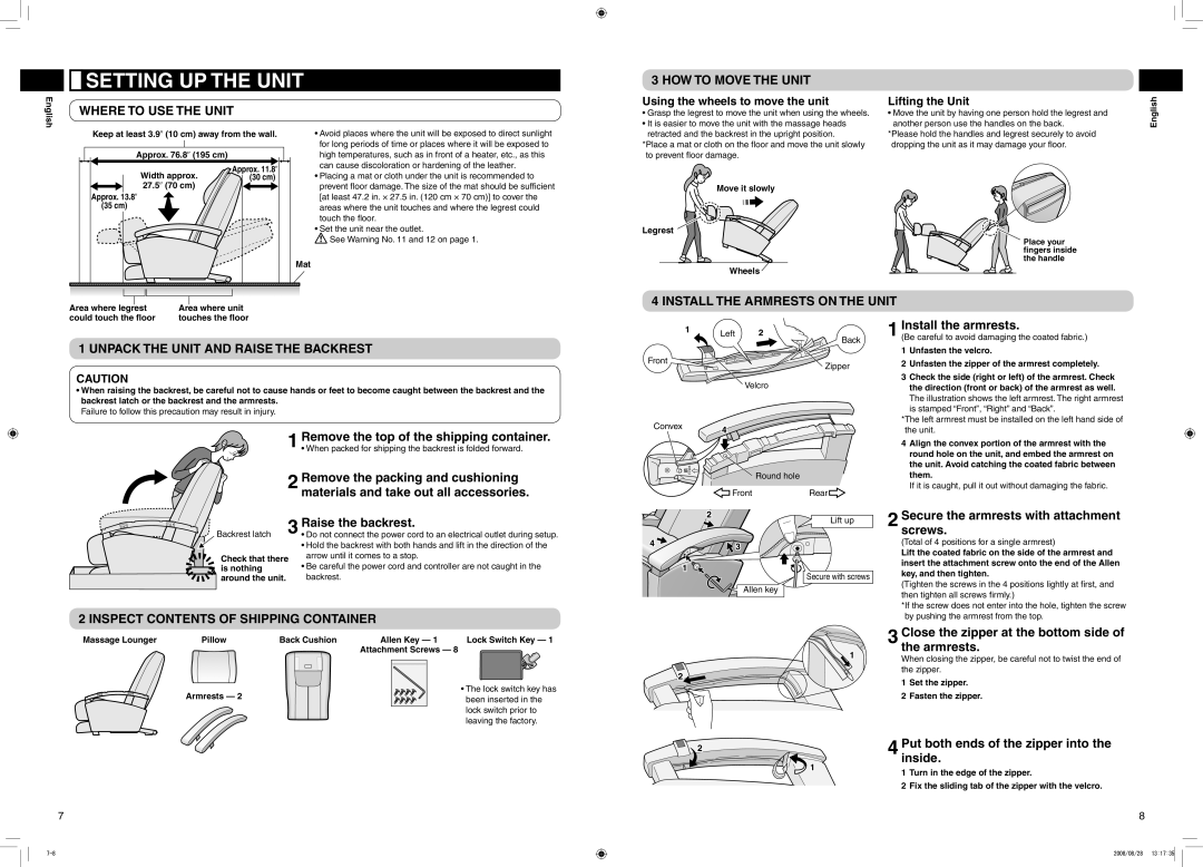 Panasonic EP1285 Setting UP the Unit, Where to USE the Unit, HOW to Move the Unit, Inspect Contents of Shipping Container 