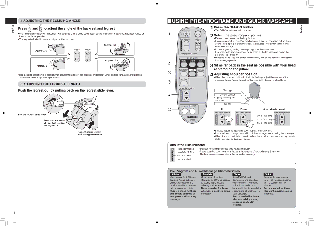 Panasonic EP1285 manual Using PRE-PROGRAMS and Quick Massage, Adjusting the Reclining Angle, Adjusting the Legrest Length 