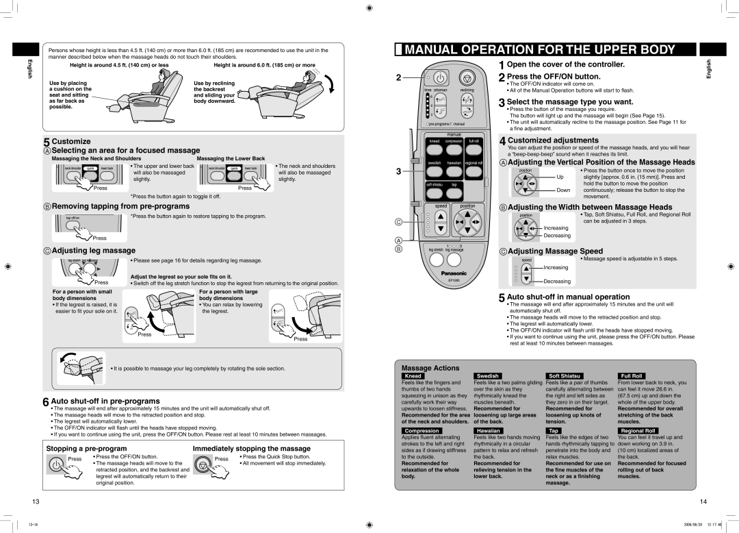 Panasonic EP1285 manual Manual Operation for the Upper Body 