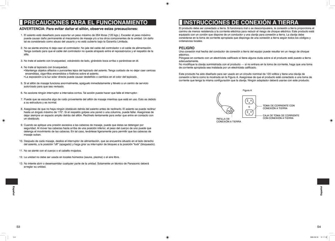 Panasonic EP1285 manual Precauciones Para El Funcionamiento, Instrucciones De Conexión A Tierra, Peligro 