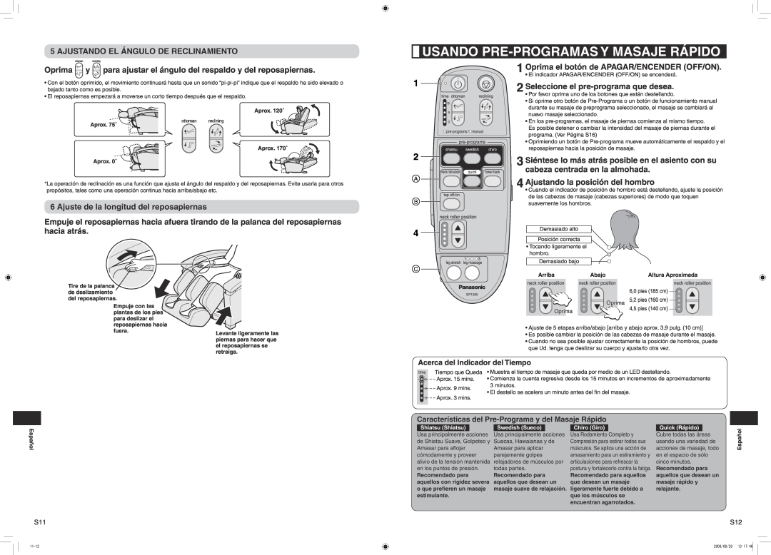 Panasonic EP1285 manual Usando Pre-Programas Y Masaje Rápido, Ajustando El Ángulo De Reclinamiento 