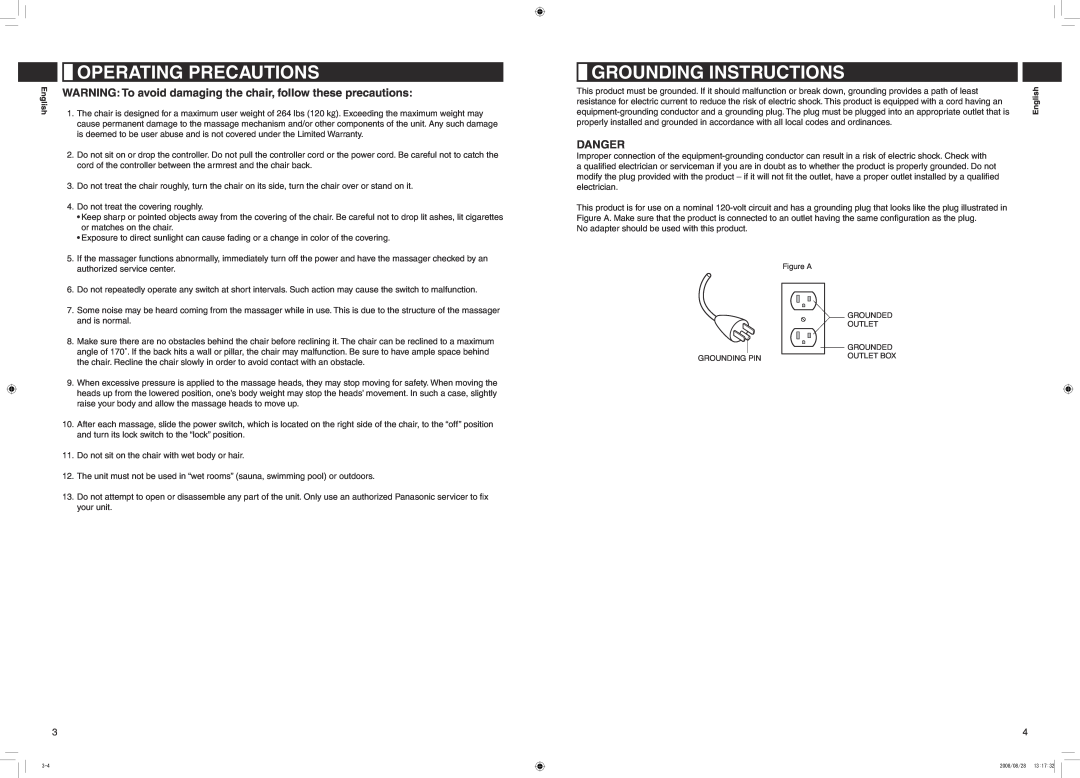 Panasonic EP1285 manual Operating Precautions, Grounding Instructions, Danger 