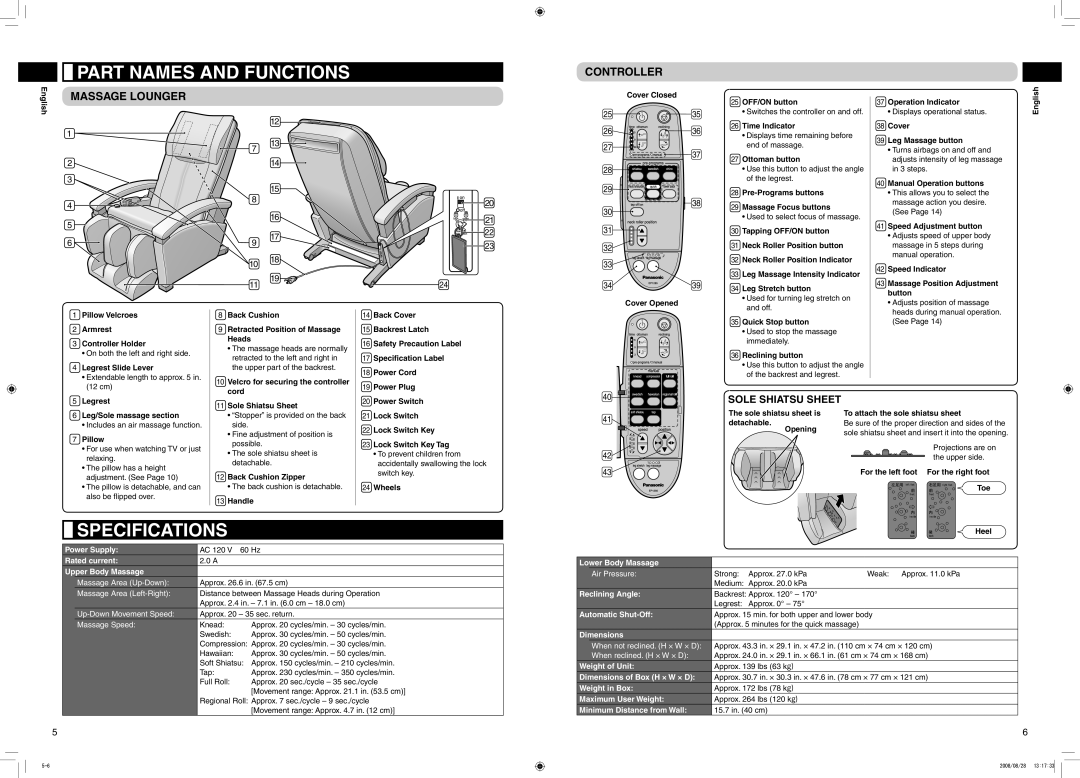 Panasonic EP1285 manual Part Names And Functions, Specifications, Sole Shiatsu Sheet, Massage Area Up-Down, Massage Speed 