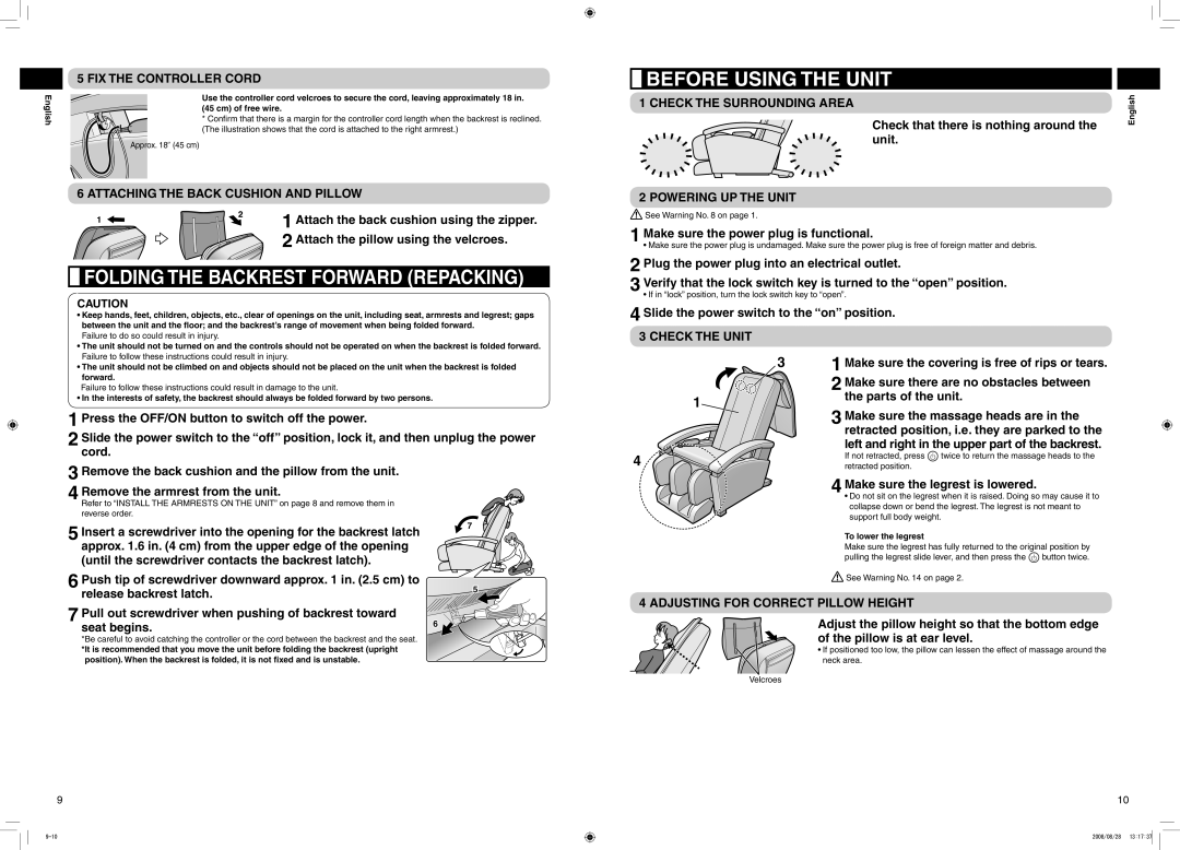 Panasonic EP1285 manual Folding The Backrest Forward Repacking, Before Using The Unit 