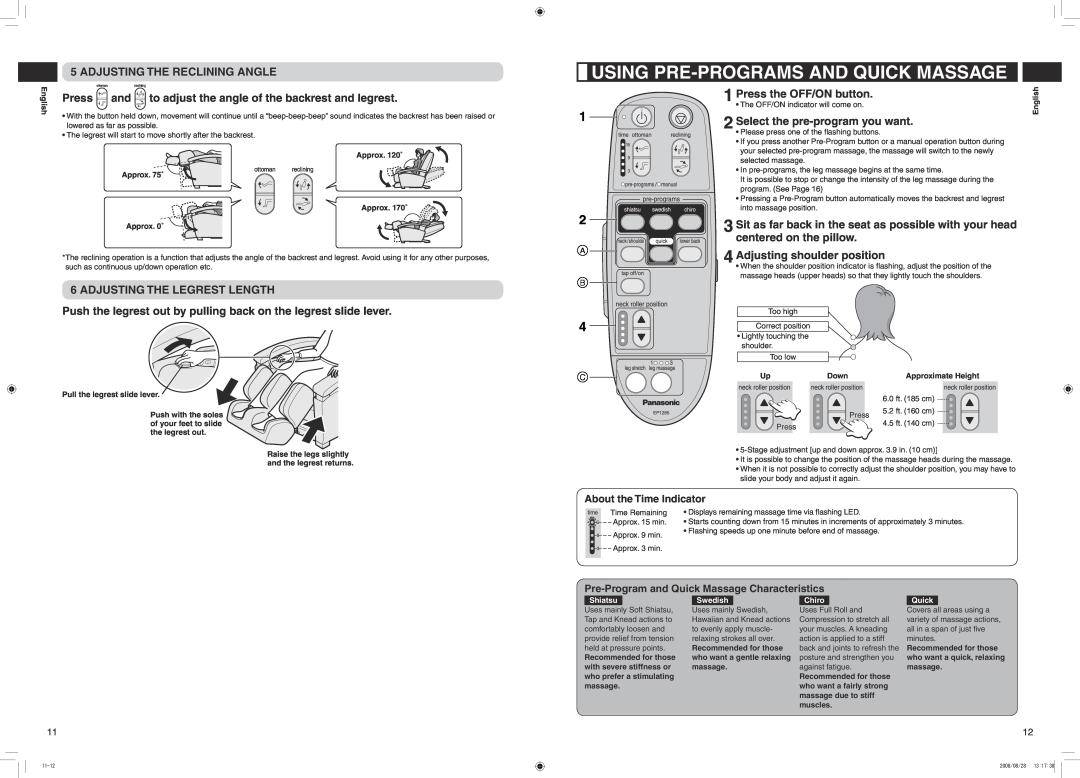 Panasonic EP1285 manual Using Pre-Programs And Quick Massage 