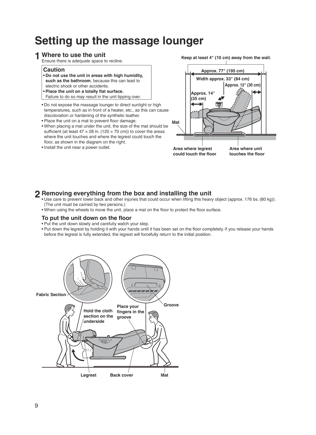 Panasonic EP30004 manual Setting up the massage lounger, Where to use the unit, To put the unit down on the floor 