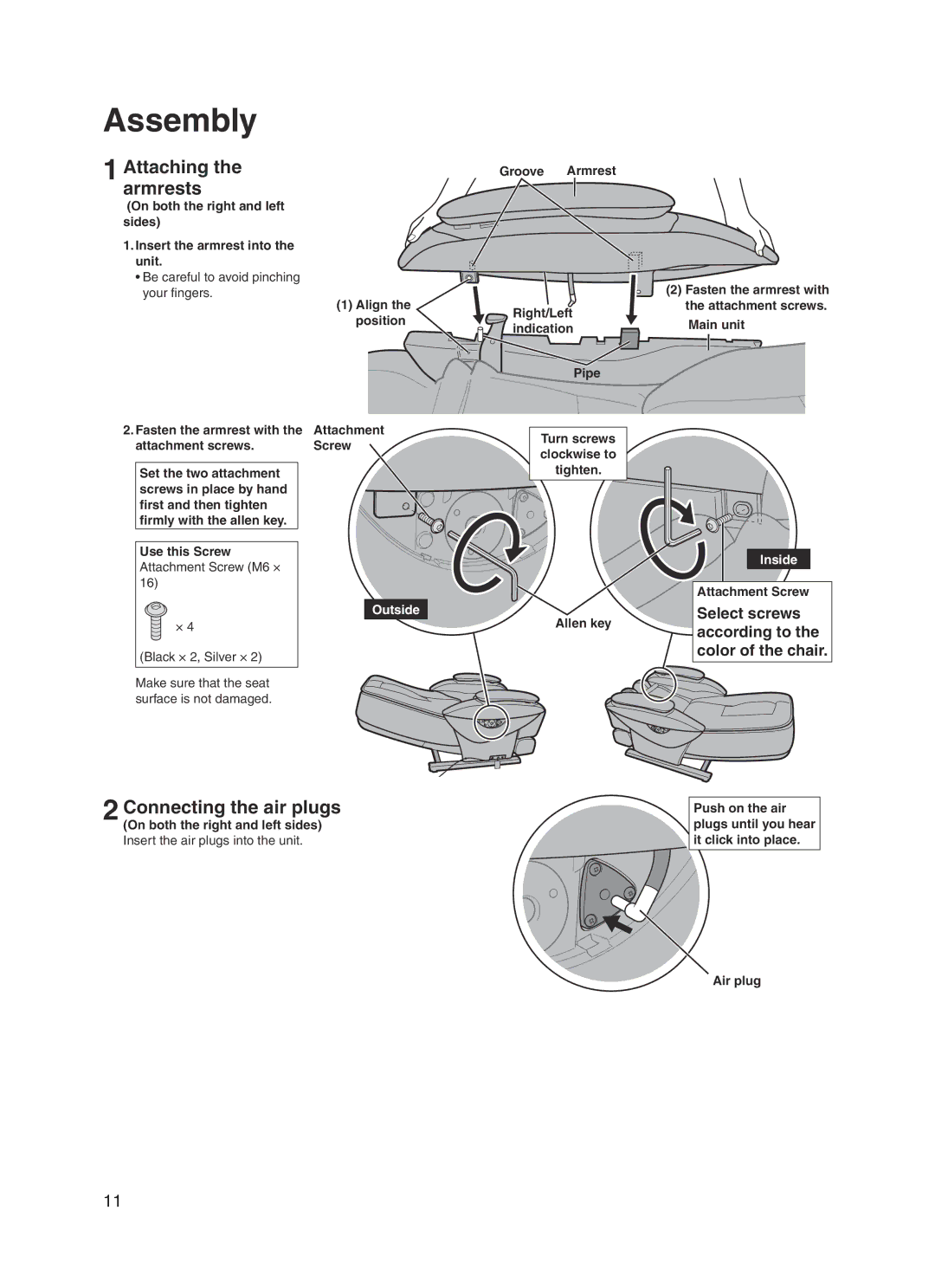 Panasonic EP30004 manual Assembly, Attachingarmrests, Connecting the air plugs 