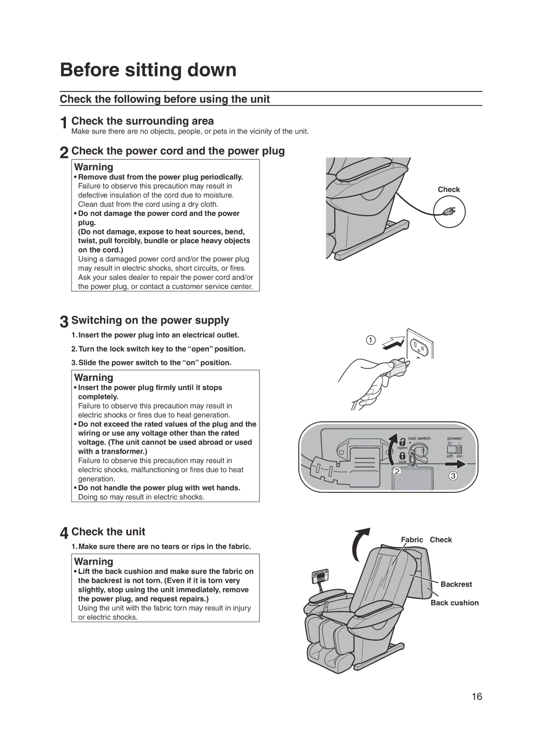 Panasonic EP30004 manual Before sitting down, Check the power cord and the power plug, Switching on the power supply 