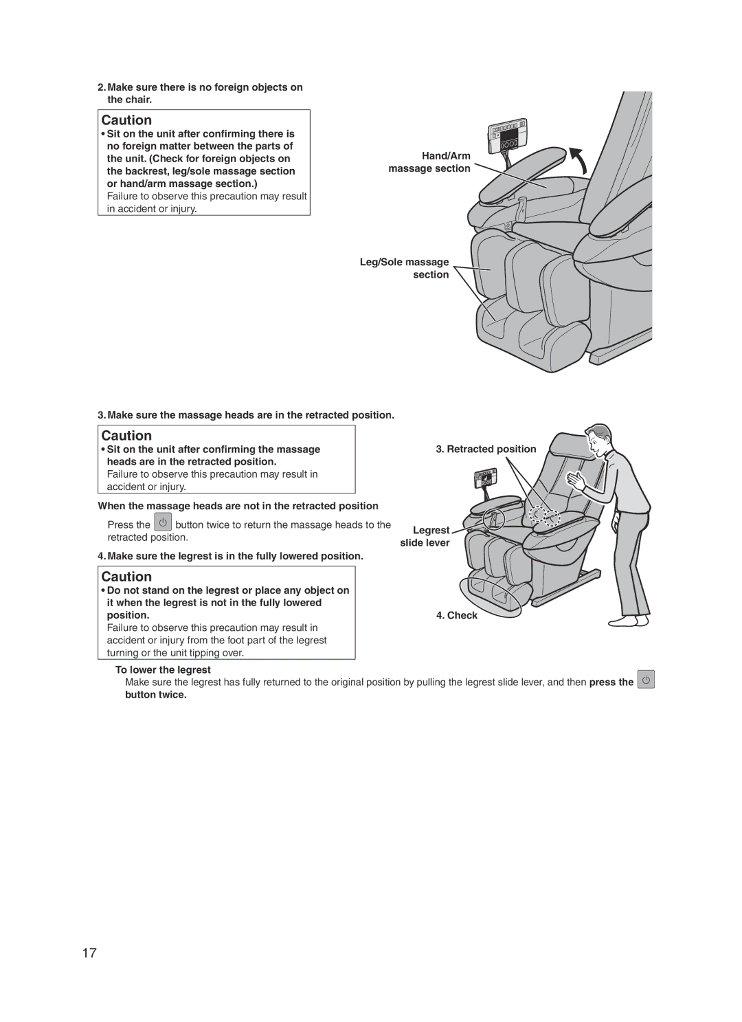 Panasonic EP30004 manual To lower the legrest Check 