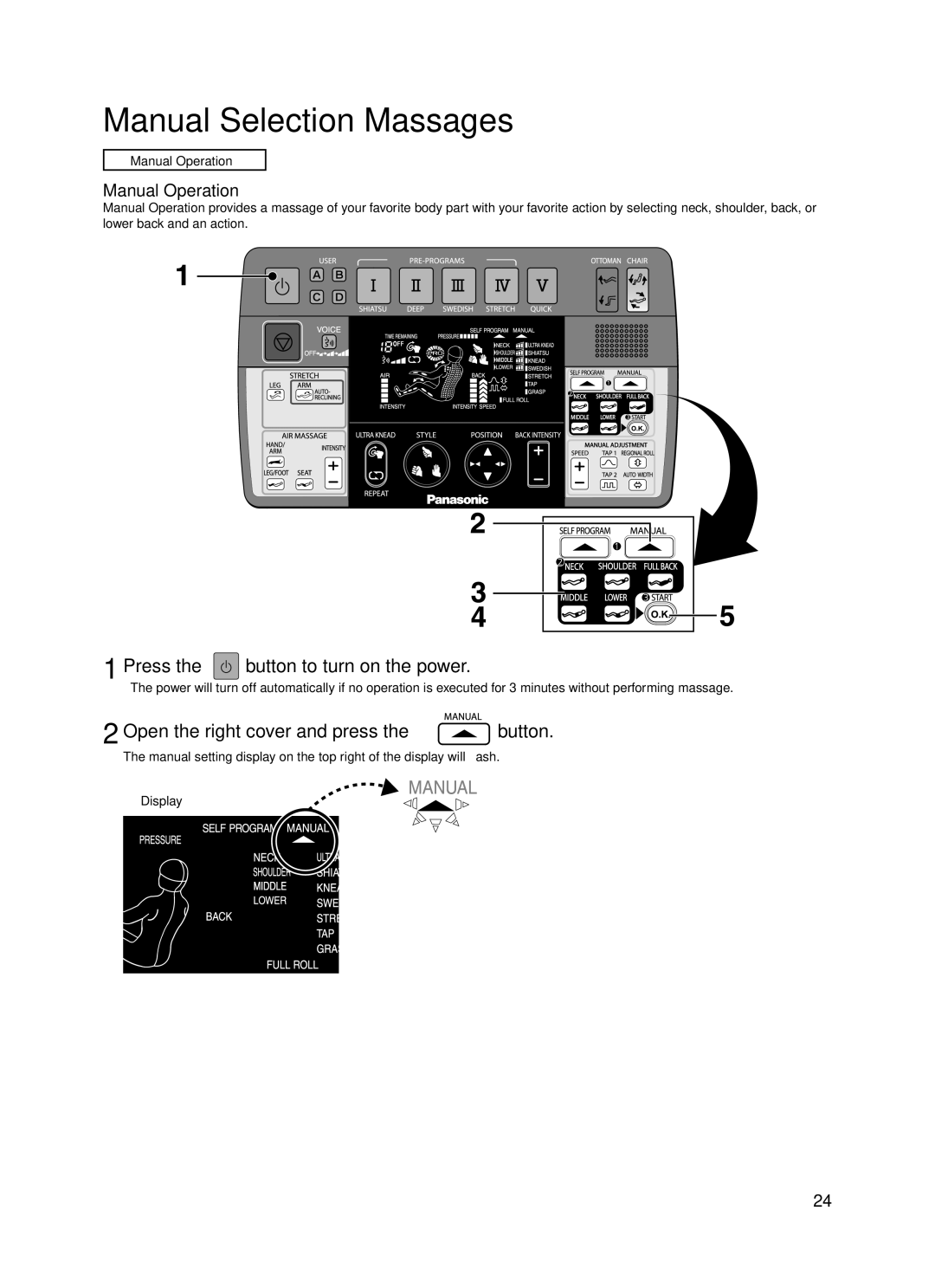 Panasonic EP30004 manual Manual Selection Massages, Manual Operation 