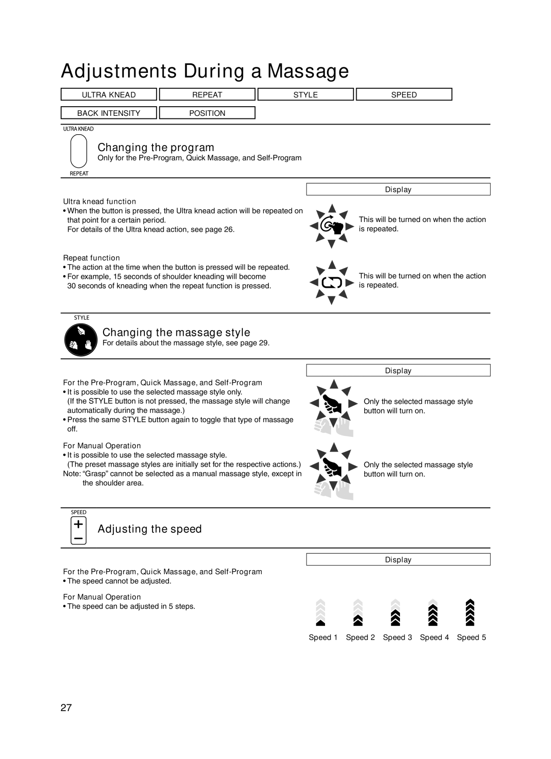 Panasonic EP30004 Adjustments During a Massage, Changing the program, Changing the massage style, Adjusting the speed 