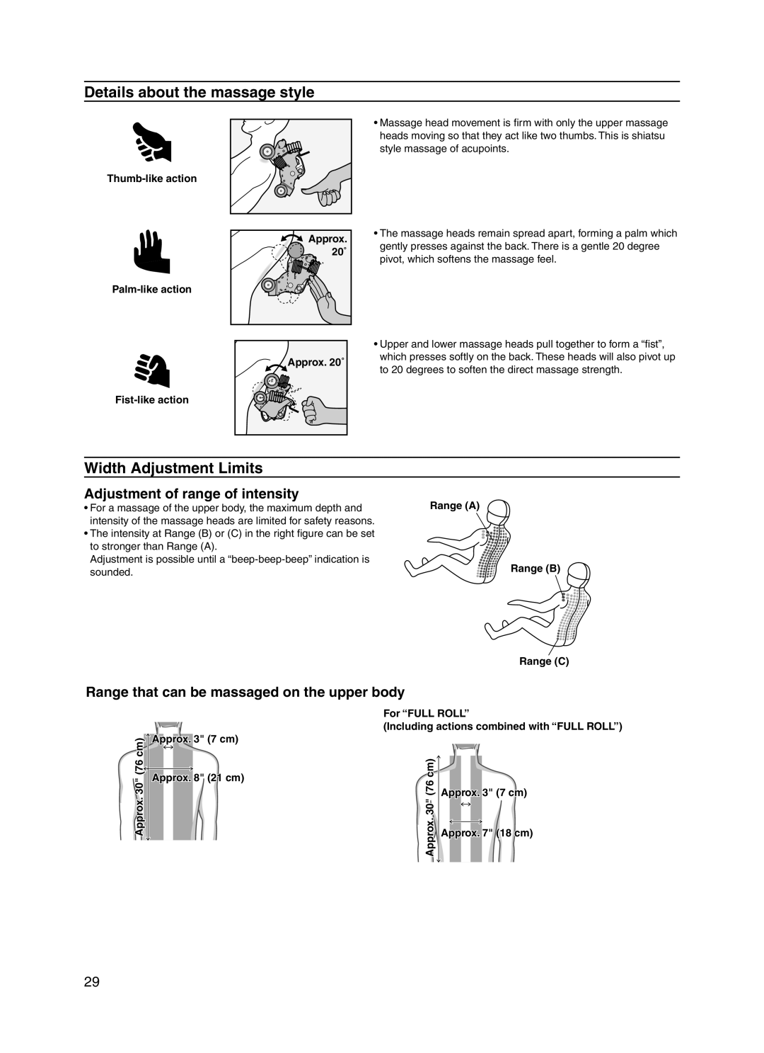 Panasonic EP30004 manual Details about the massage style, Width Adjustment Limits, Adjustment of range of intensity 