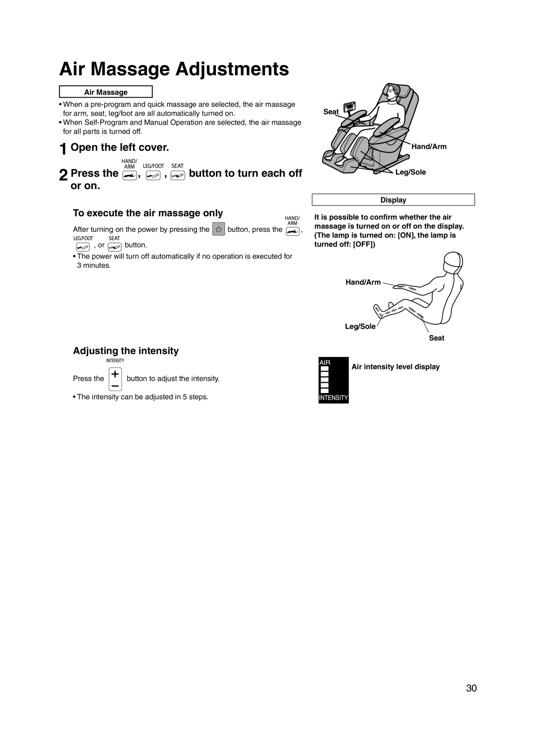 Panasonic EP30004 manual Air Massage Adjustments, Open the left cover, Adjusting the intensity 