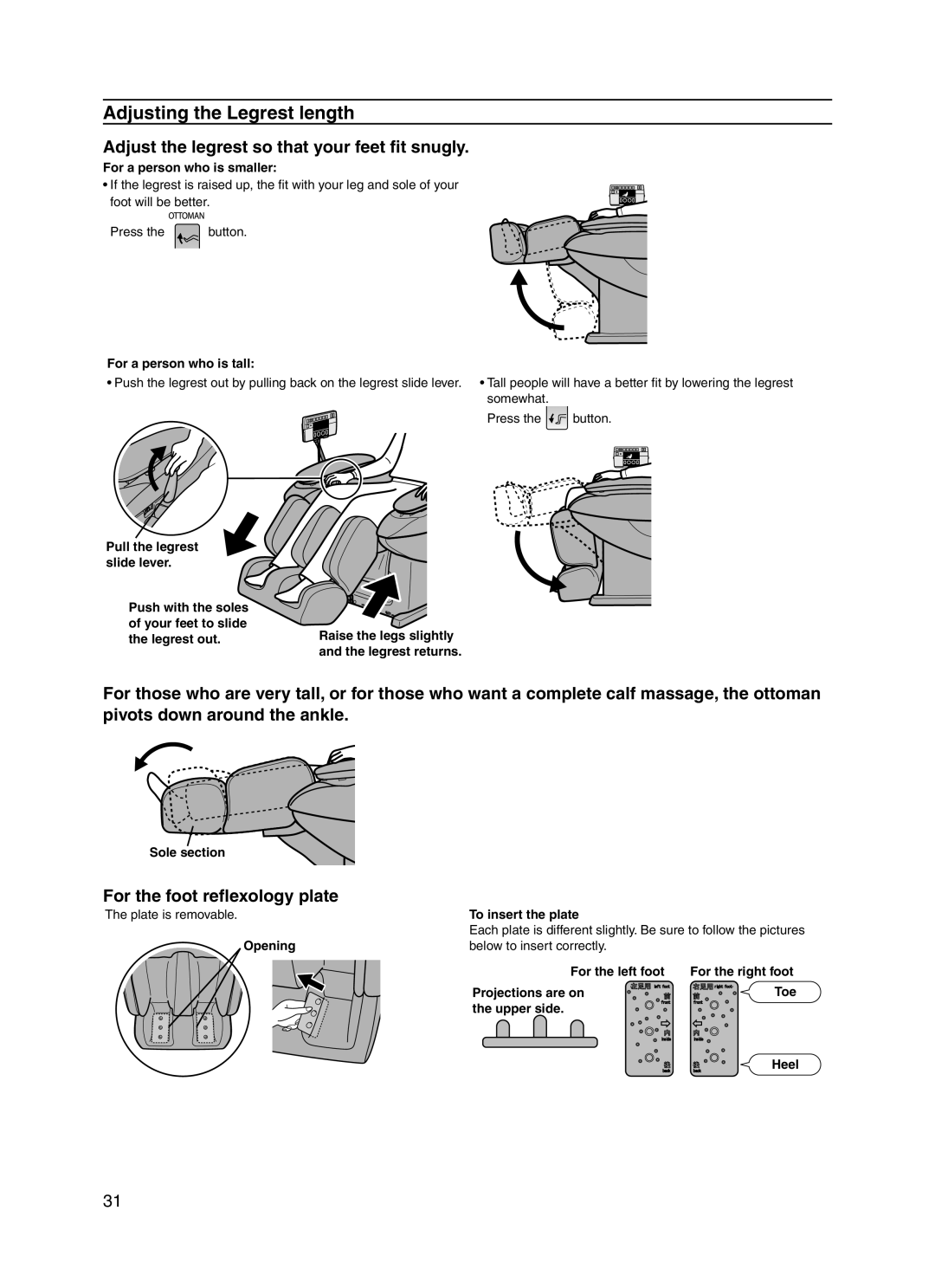 Panasonic EP30004 manual Adjusting the Legrest length, Adjust the legrest so that your feet fit snugly 