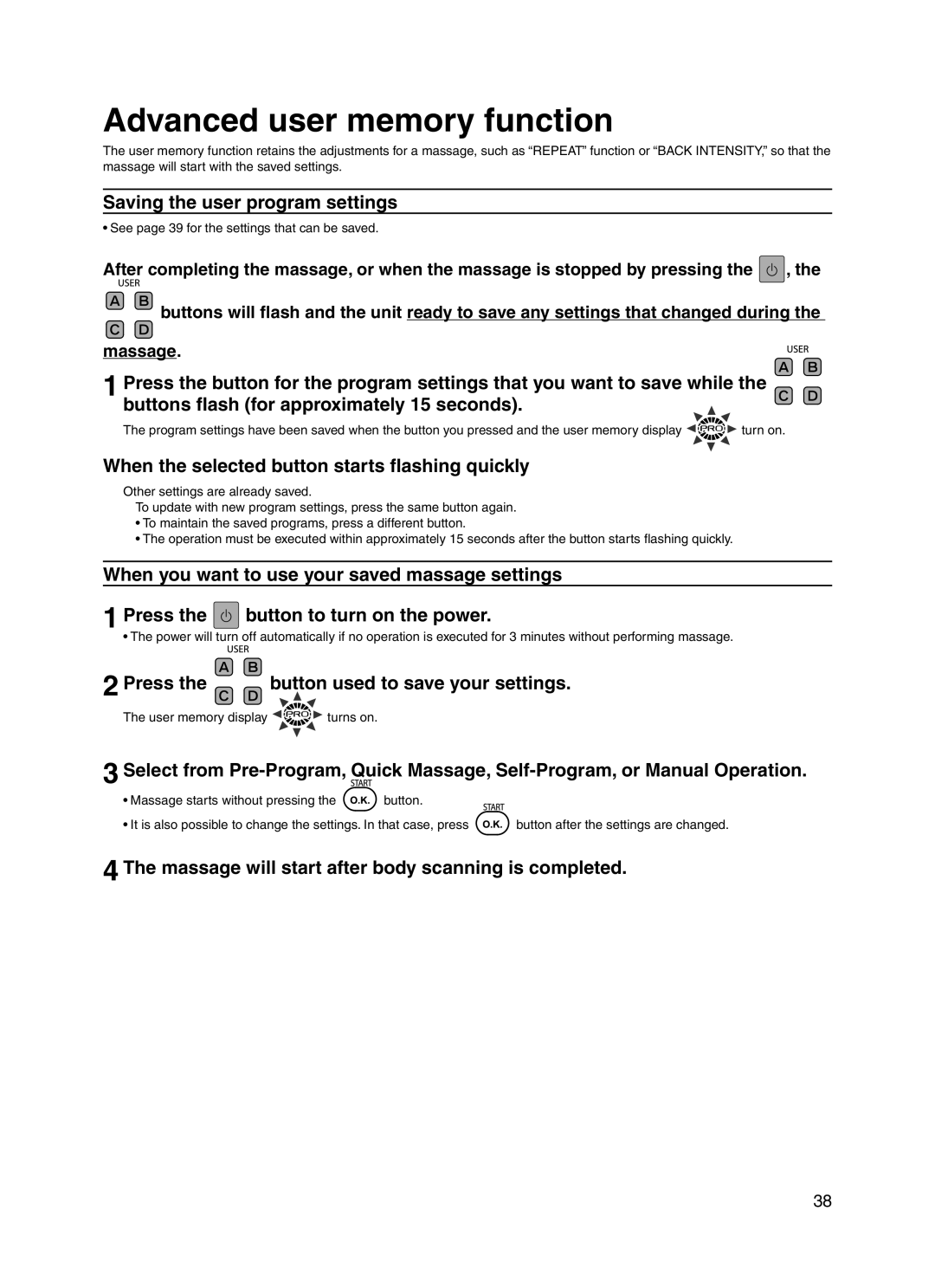 Panasonic EP30004 manual Advanced user memory function, Saving the user program settings 