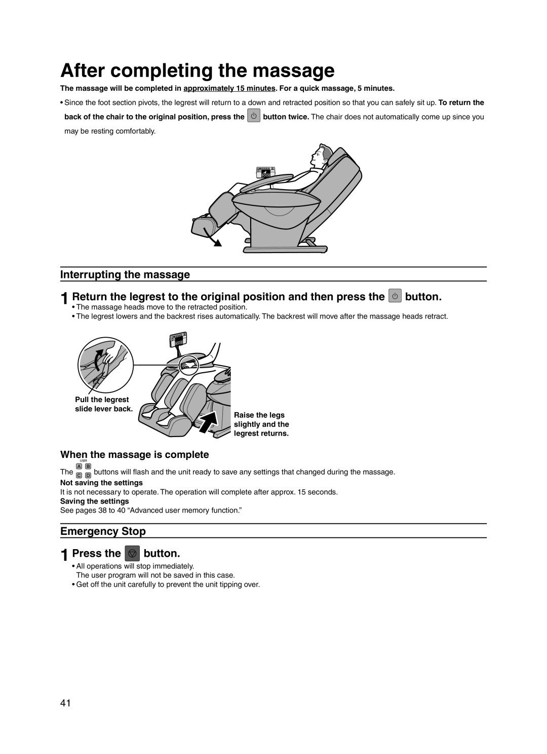 Panasonic EP30004 manual After completing the massage, Emergency Stop Press the button, When the massage is complete 