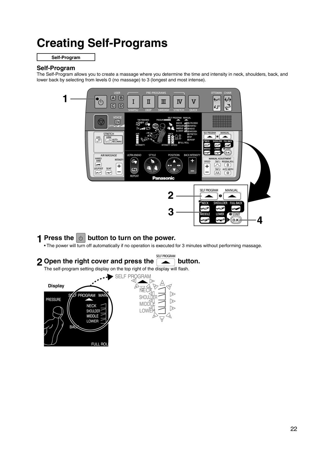 Panasonic EP30004 Creating Self-Programs, Open the right cover and press the button, Press the button to turn on the power 