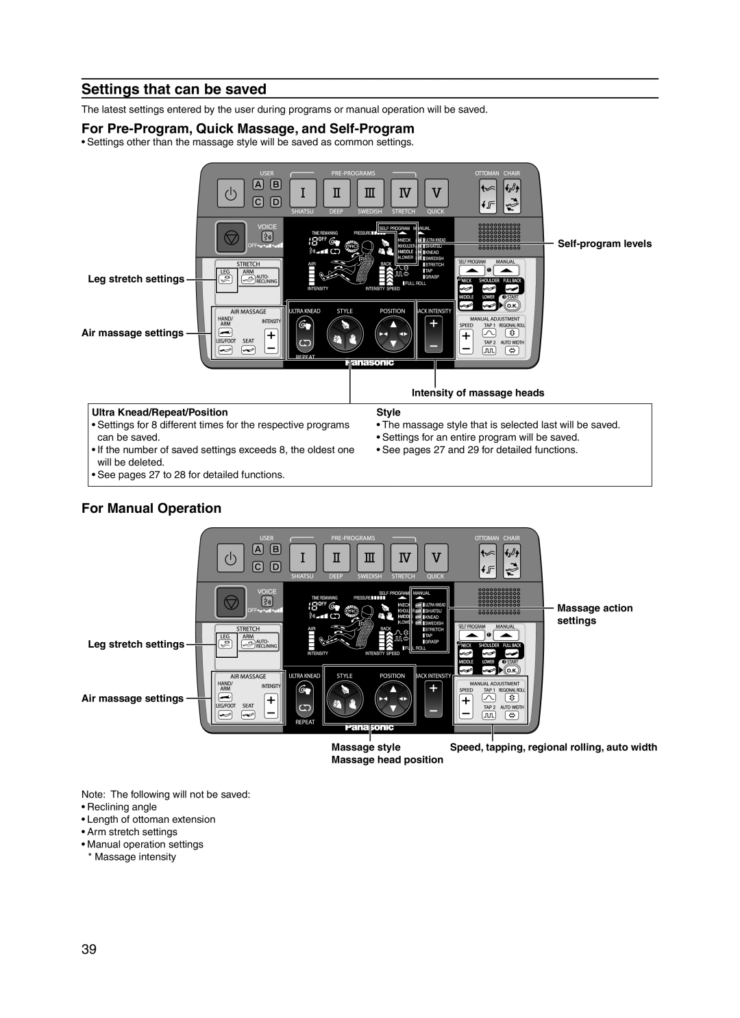 Panasonic EP30004 manual Settings that can be saved, For Pre-Program,Quick Massage, and Self-Program, For Manual Operation 