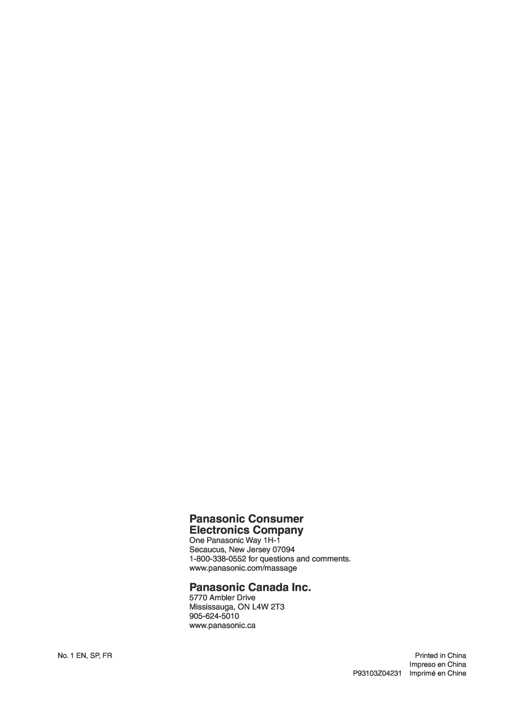 Panasonic EP30004 manual Panasonic Consumer Electronics Company, Panasonic Canada Inc 