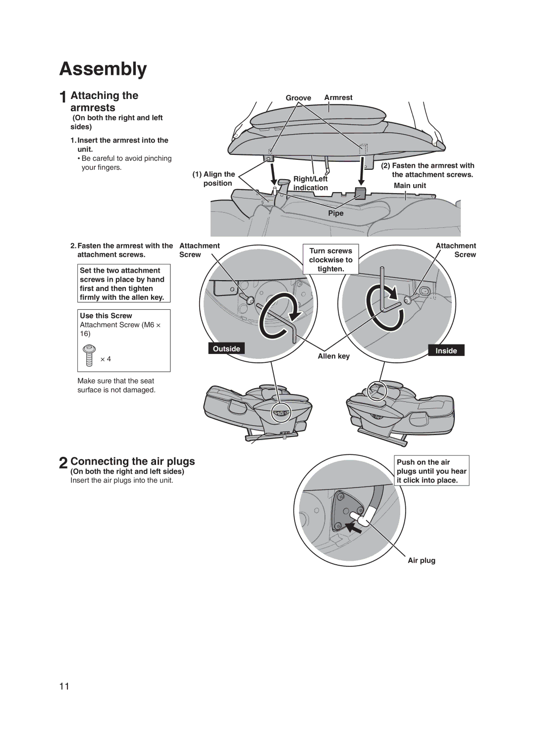 Panasonic EP30006 operating instructions Assembly, Attachingarmrests, Connecting the air plugs 