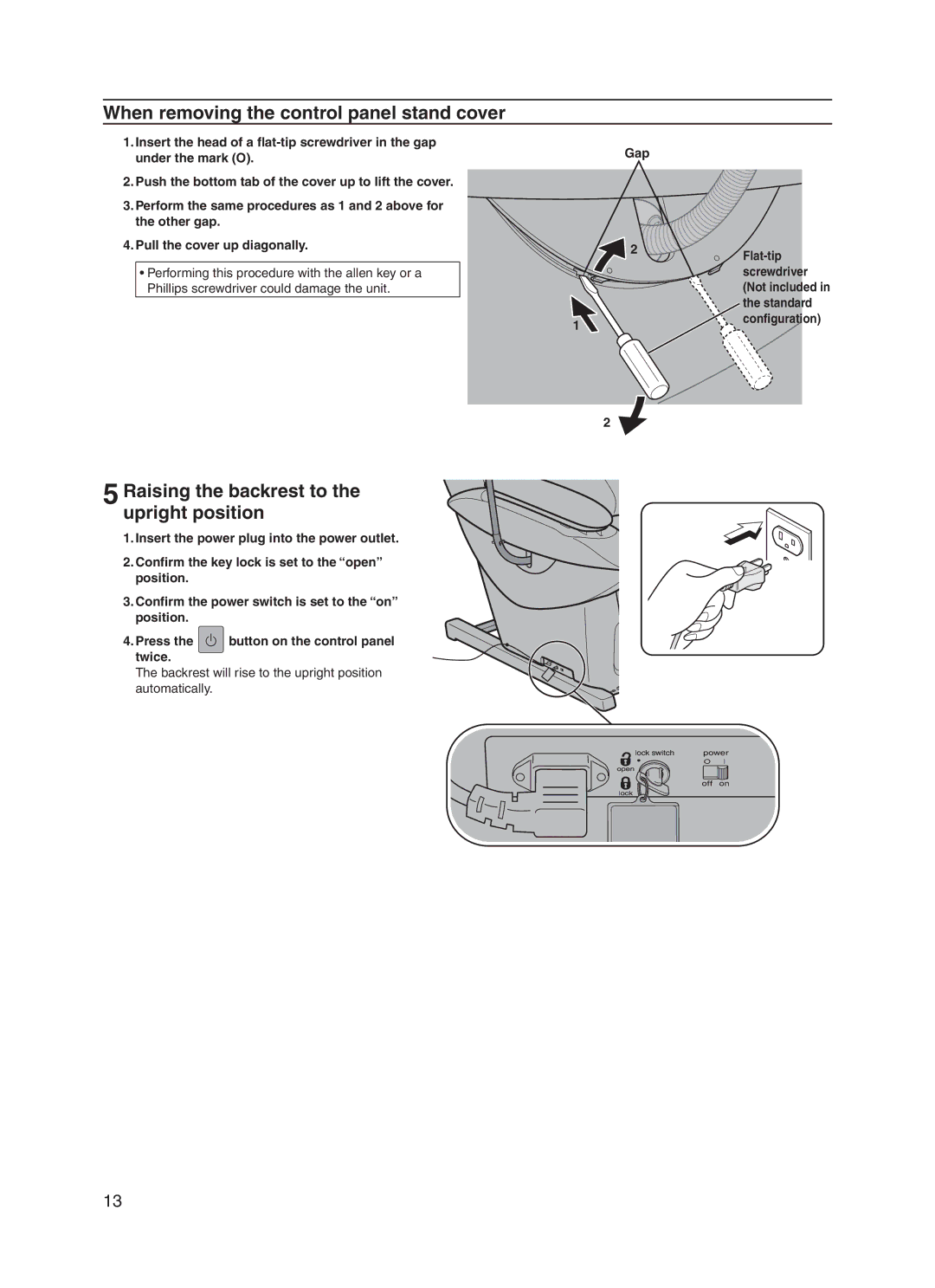 Panasonic EP30006 When removing the control panel stand cover, Raising the backrest to the upright position, Standard 