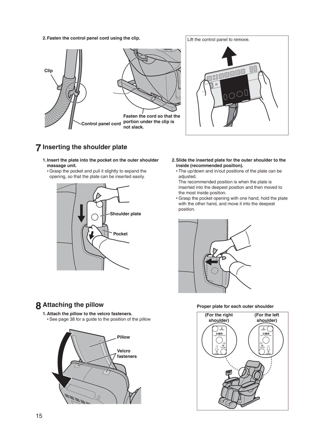 Panasonic EP30006 operating instructions Inserting the shoulder plate, Attaching the pillow, Shoulder plate Pocket 