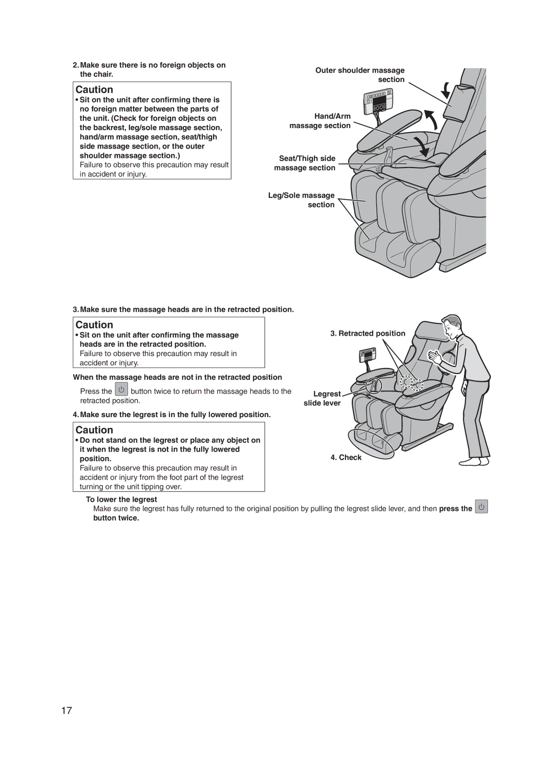 Panasonic EP30006 operating instructions When the massage heads are not in the retracted position 