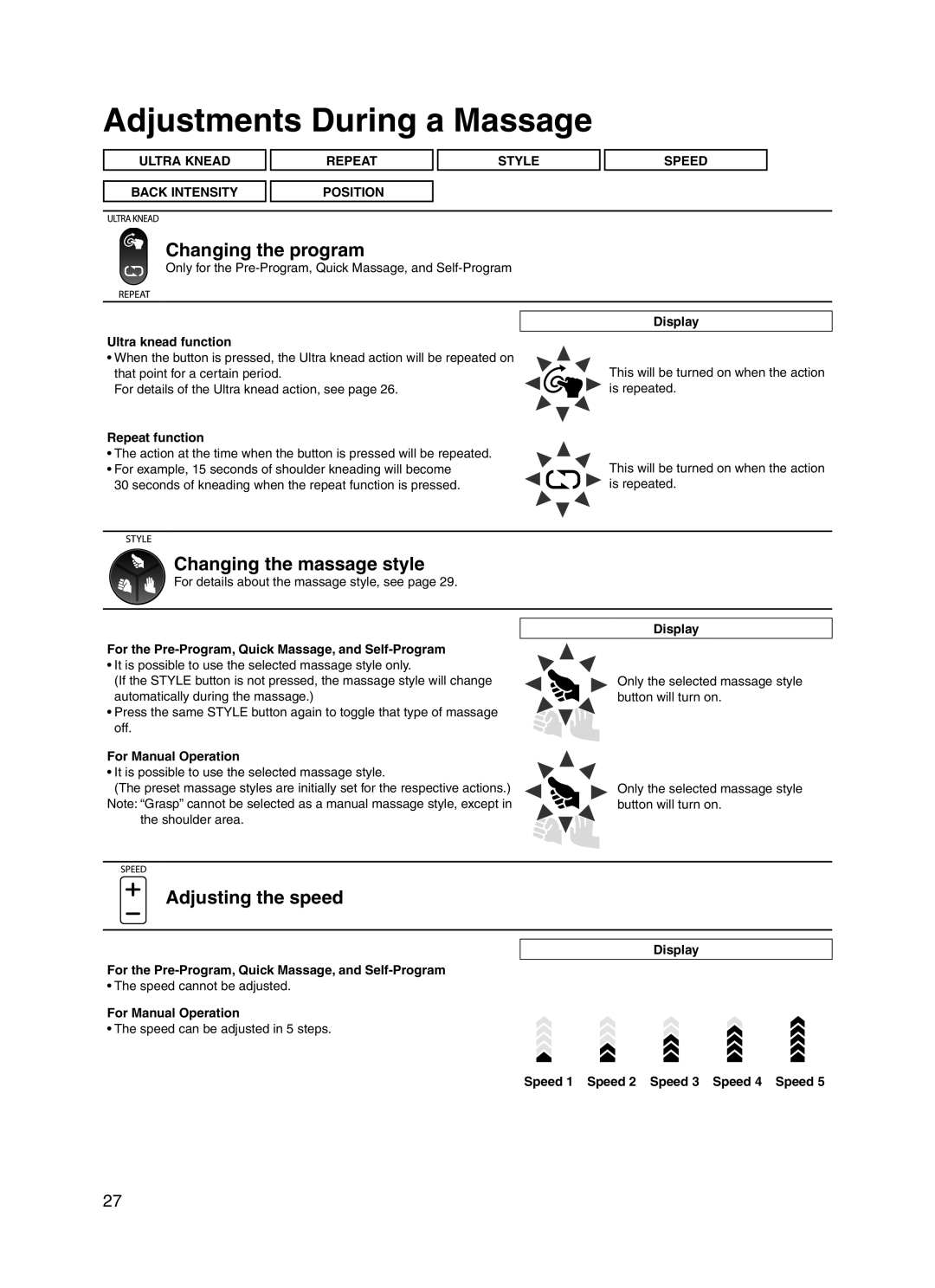 Panasonic EP30006 Adjustments During a Massage, Changing the program, Changing the massage style, Adjusting the speed 