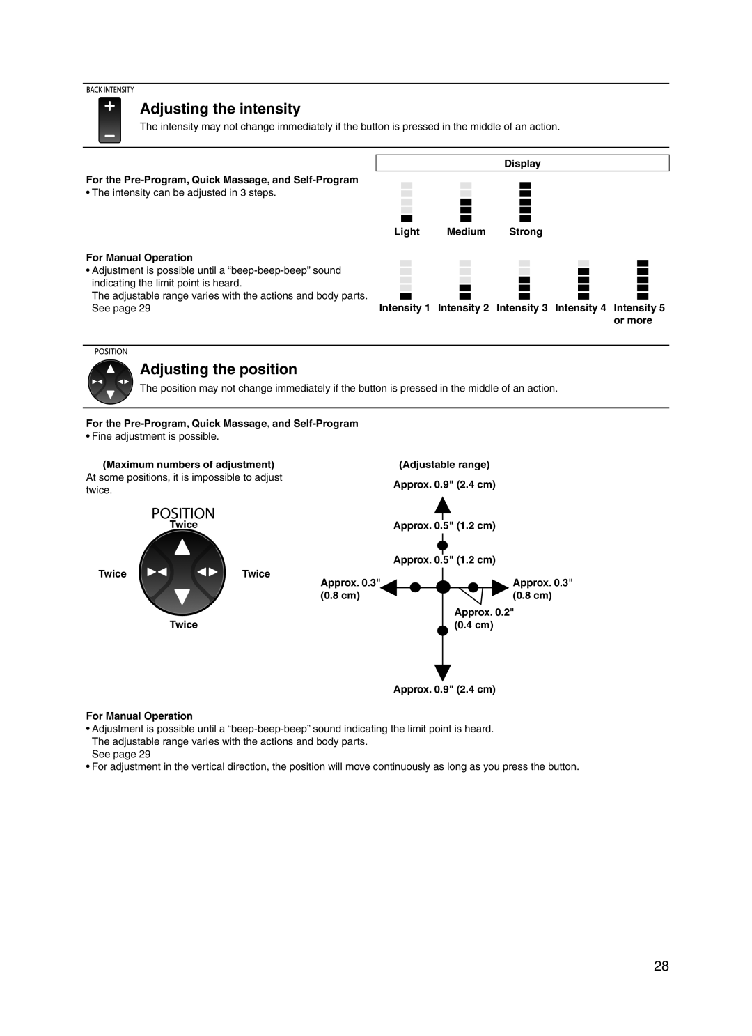 Panasonic EP30006 operating instructions Adjusting the intensity, Adjusting the position 