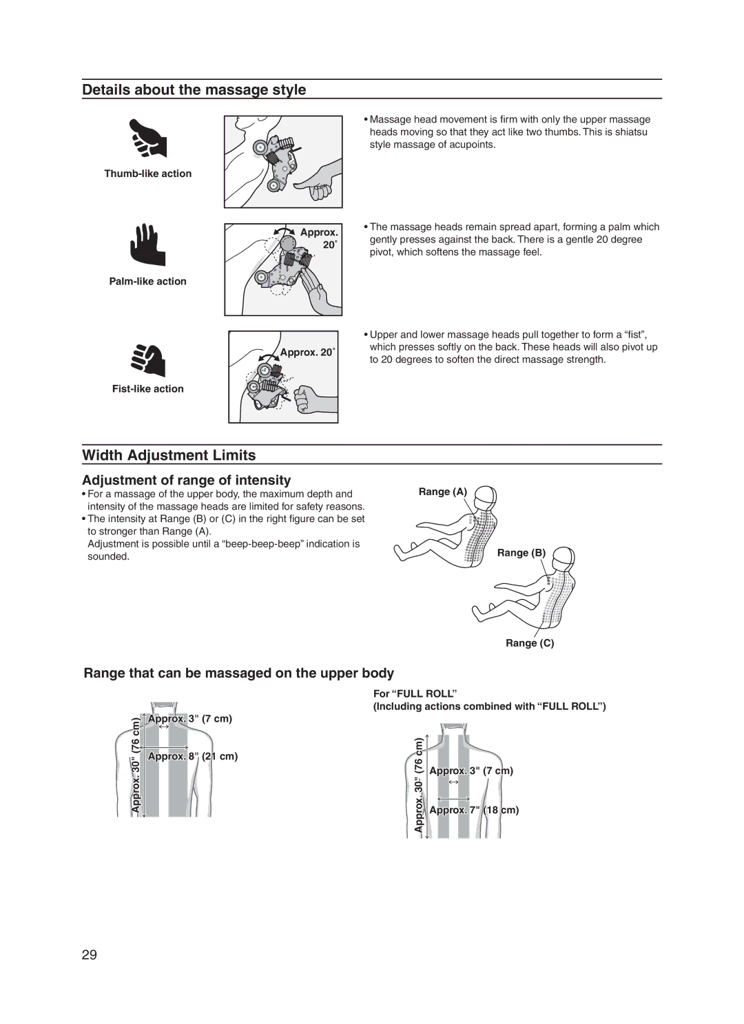 Panasonic EP30006 Details about the massage style, Width Adjustment Limits, Adjustment of range of intensity 