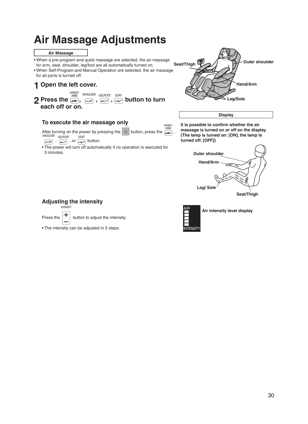 Panasonic EP30006 operating instructions Open the left cover, To execute the air massage only, Adjusting the intensity 