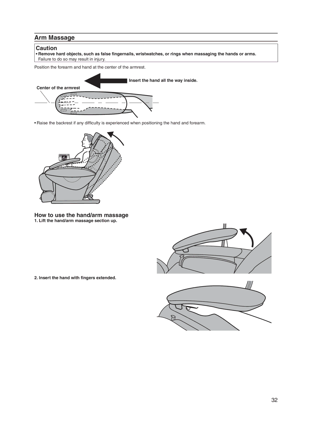 Panasonic EP30006 Arm Massage, How to use the hand/arm massage, Insert the hand all the way inside Center of the armrest 