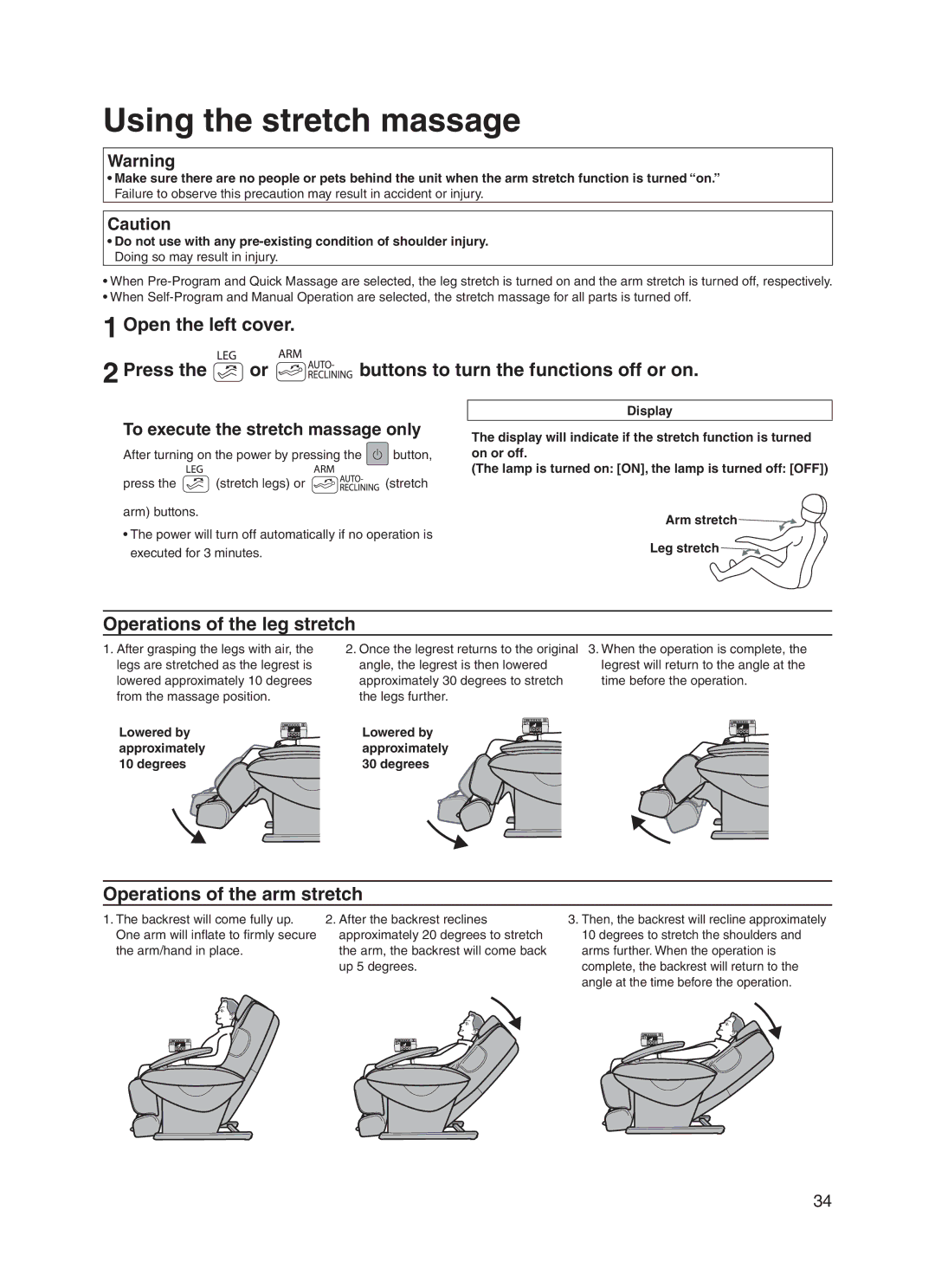 Panasonic EP30006 Using the stretch massage, Operations of the leg stretch, Operations of the arm stretch 