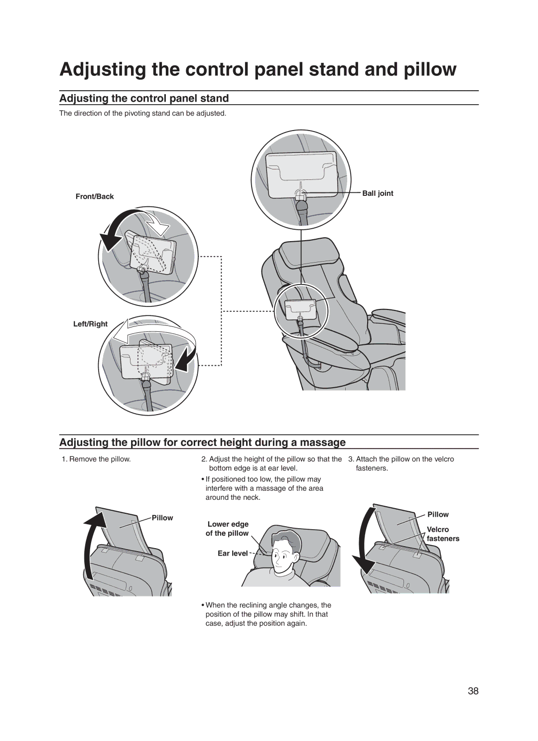 Panasonic EP30006 Adjusting the control panel stand and pillow, Adjusting the pillow for correct height during a massage 