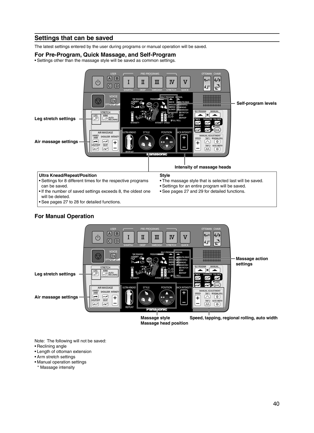 Panasonic EP30006 Settings that can be saved, For Pre-Program, Quick Massage, and Self-Program, For Manual Operation 