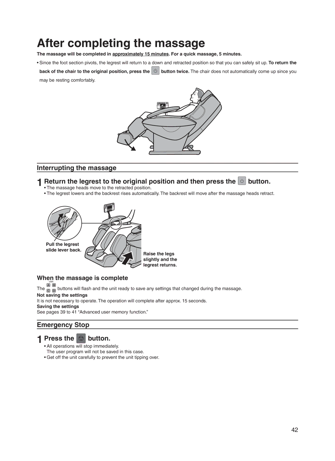 Panasonic EP30006 After completing the massage, Emergency Stop Press the button, When the massage is complete 