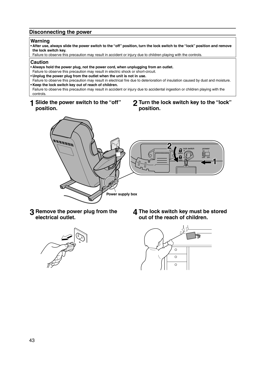 Panasonic EP30006 operating instructions Disconnecting the power, Keep the lock switch key out of reach of children 