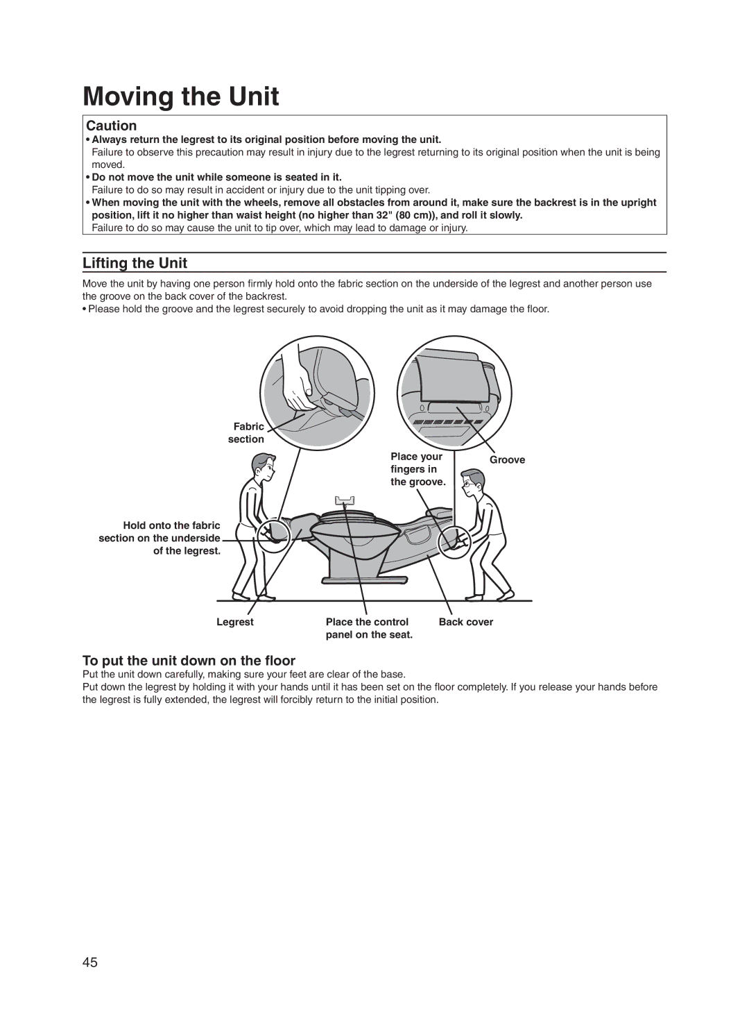 Panasonic EP30006 Moving the Unit, Lifting the Unit, Do not move the unit while someone is seated in it 