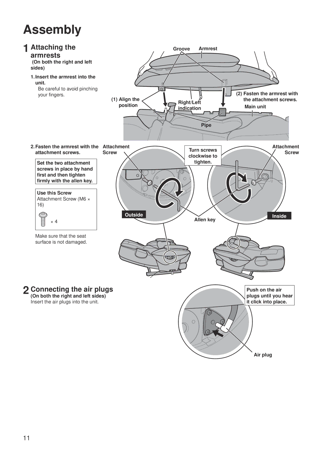 Panasonic EP30007 operating instructions Assembly, Attachingarmrests, Connecting the air plugs 