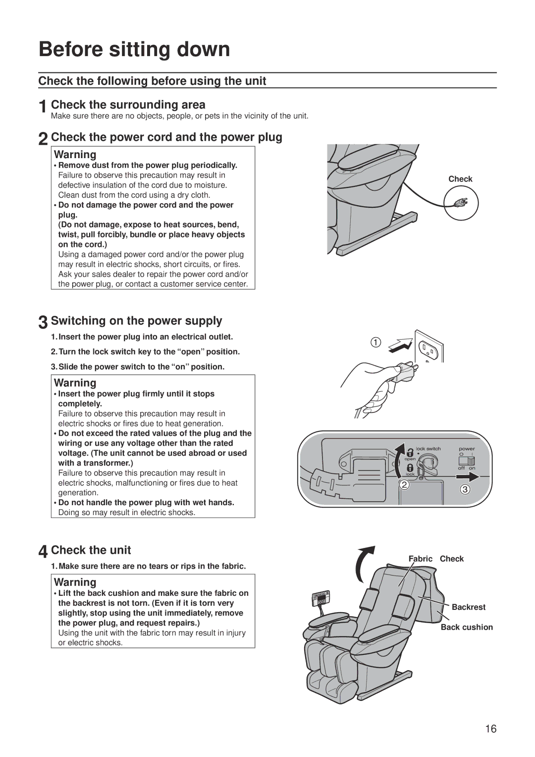 Panasonic EP30007 Before sitting down, Check the power cord and the power plug, Switching on the power supply 