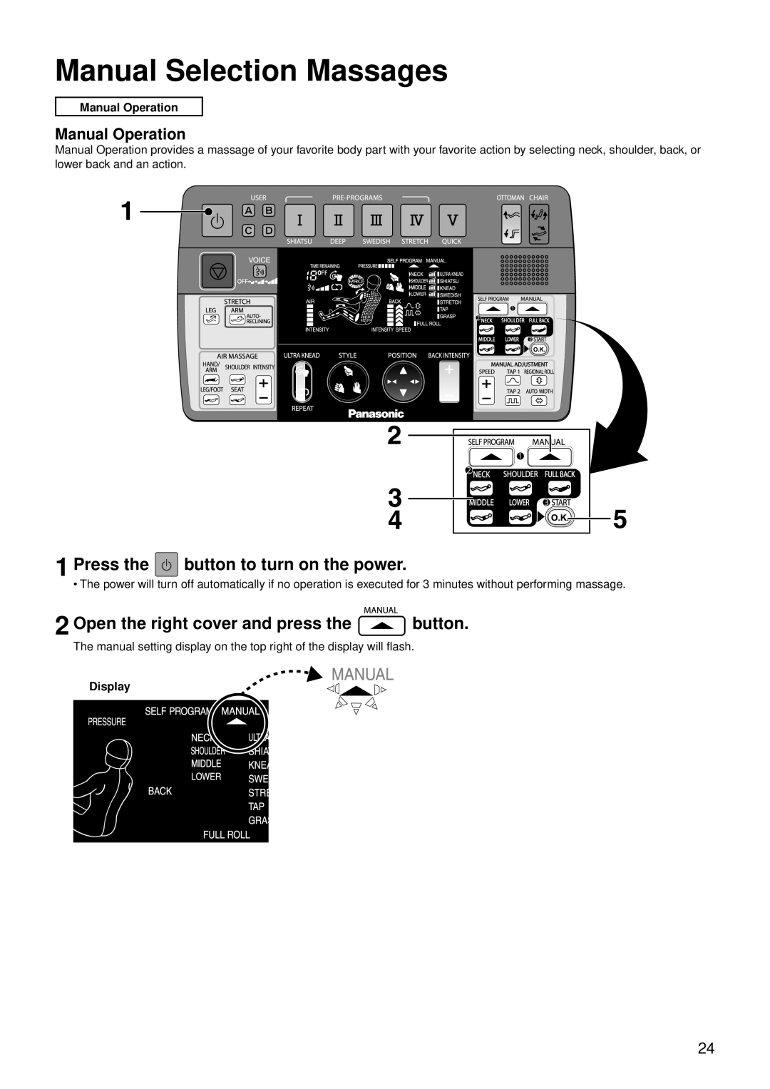 Panasonic EP30007 operating instructions Manual Selection Massages, Manual Operation 