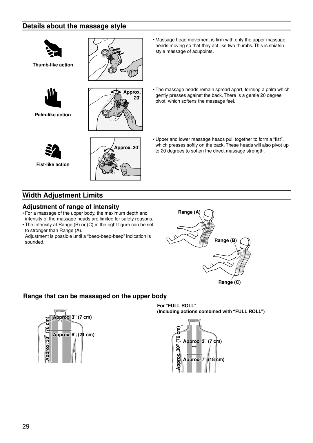 Panasonic EP30007 Details about the massage style, Width Adjustment Limits, Adjustment of range of intensity 