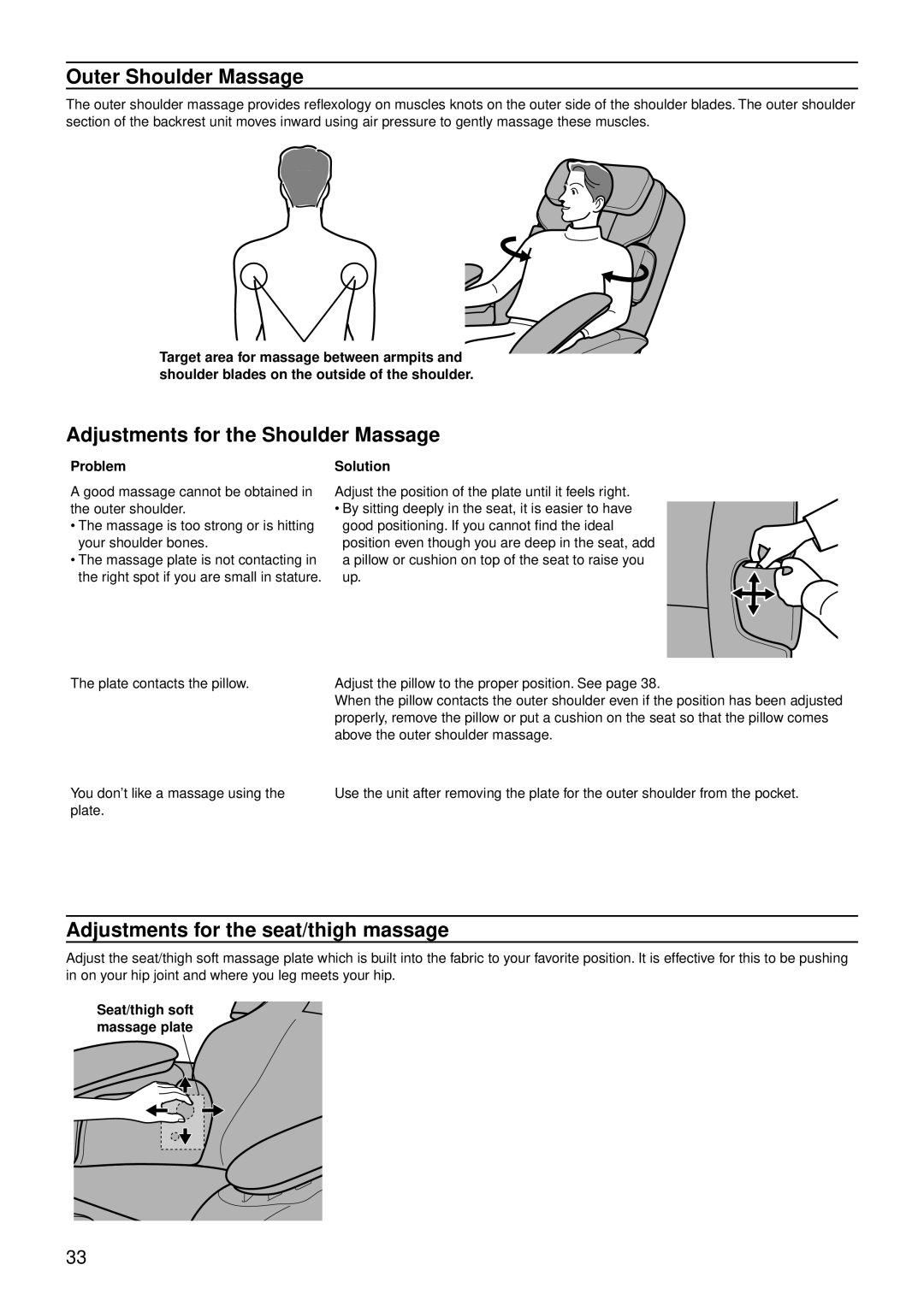 Panasonic EP30007 Outer Shoulder Massage, Adjustments for the Shoulder Massage, Adjustments for the seat/thigh massage 