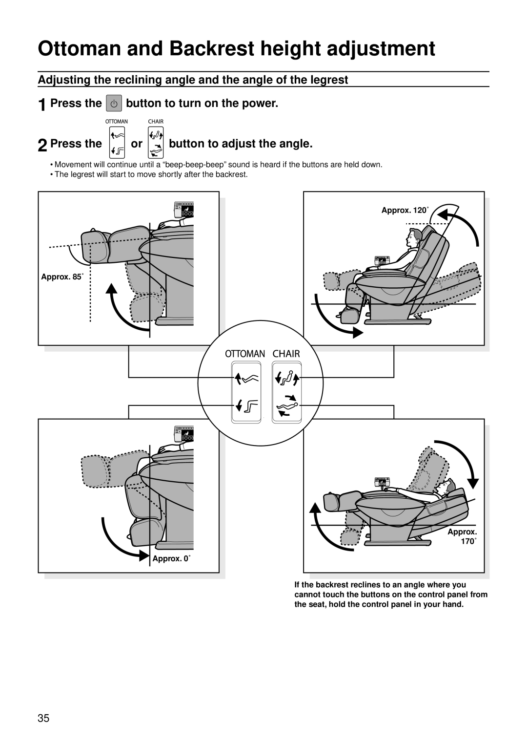 Panasonic EP30007 operating instructions Ottoman and Backrest height adjustment, Approx ˚ 