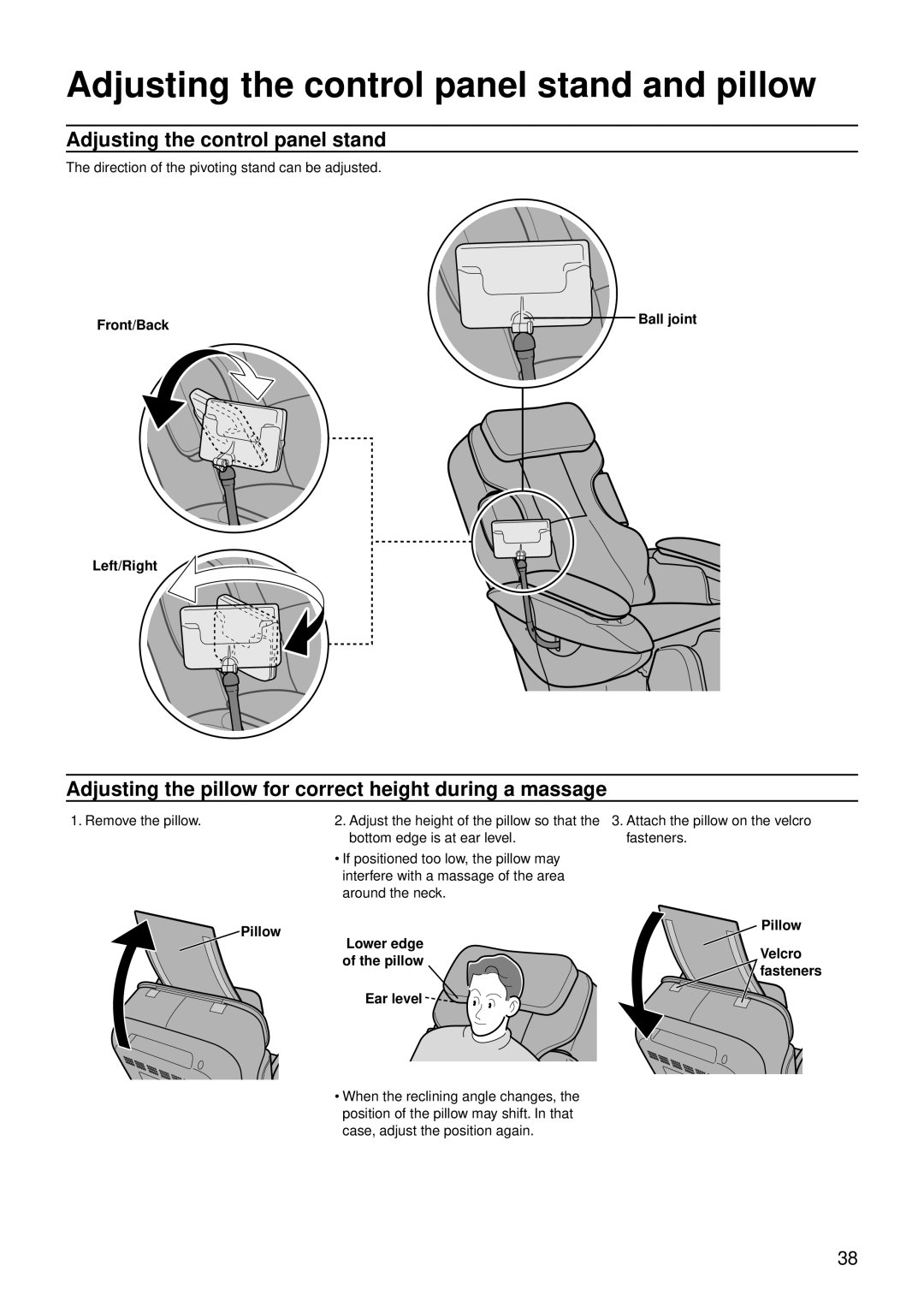 Panasonic EP30007 Adjusting the control panel stand and pillow, Adjusting the pillow for correct height during a massage 