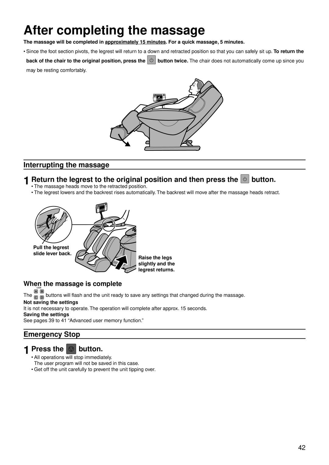 Panasonic EP30007 After completing the massage, Emergency Stop Press the button, When the massage is complete 