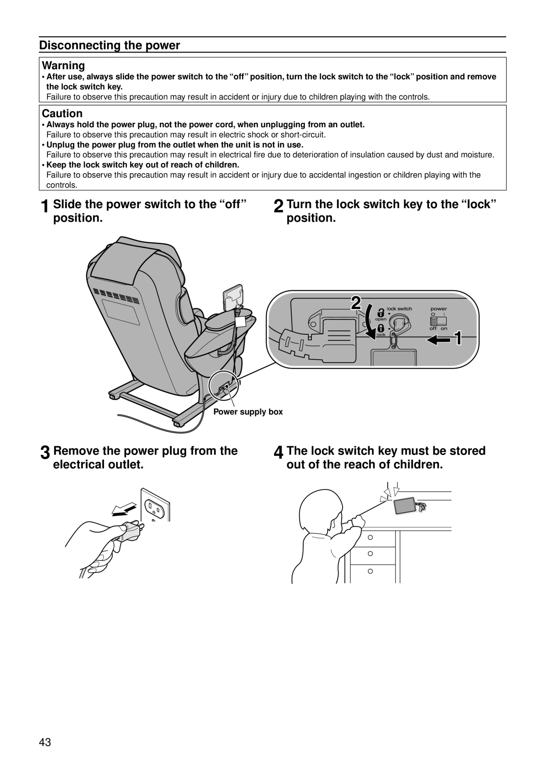 Panasonic EP30007 operating instructions Disconnecting the power, Keep the lock switch key out of reach of children 