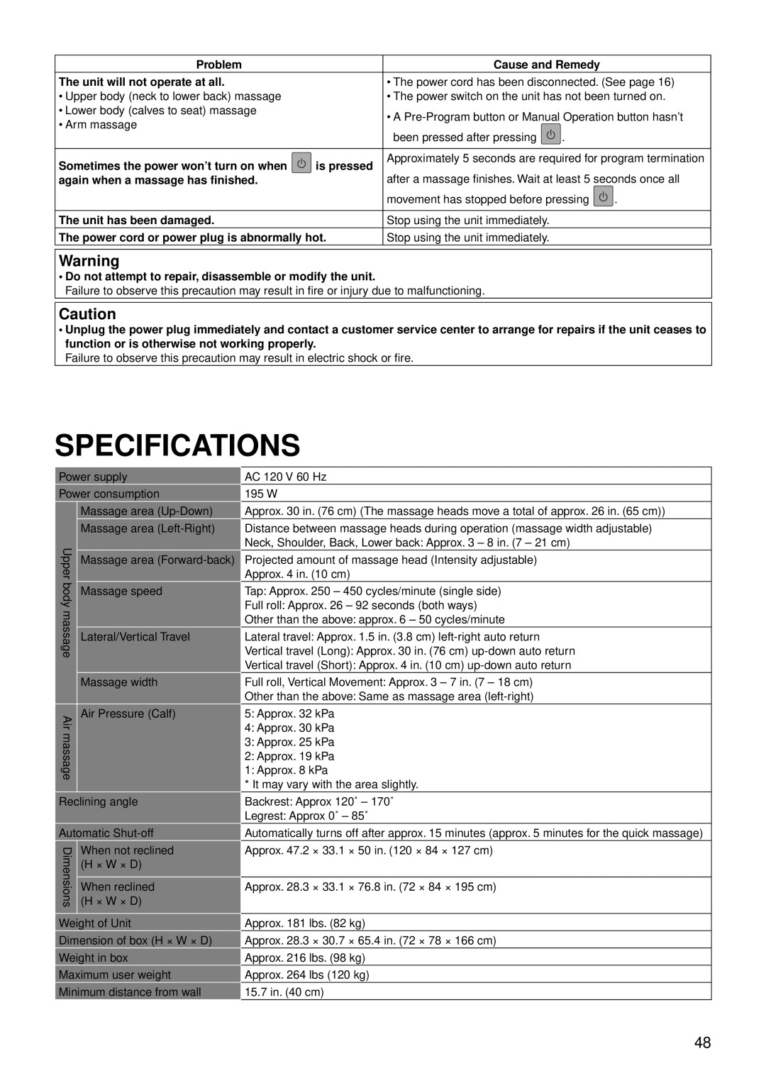 Panasonic EP30007 Problem Cause and Remedy Unit will not operate at all, Sometimes the power won’t turn on when Is pressed 