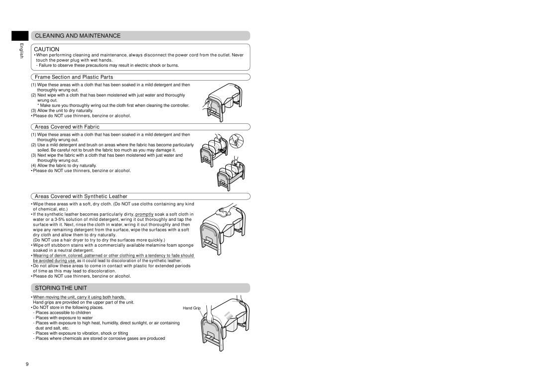 Panasonic EP30102 Cleaning and Maintenance, Storing the Unit, Frame Section and Plastic Parts, Areas Covered with Fabric 